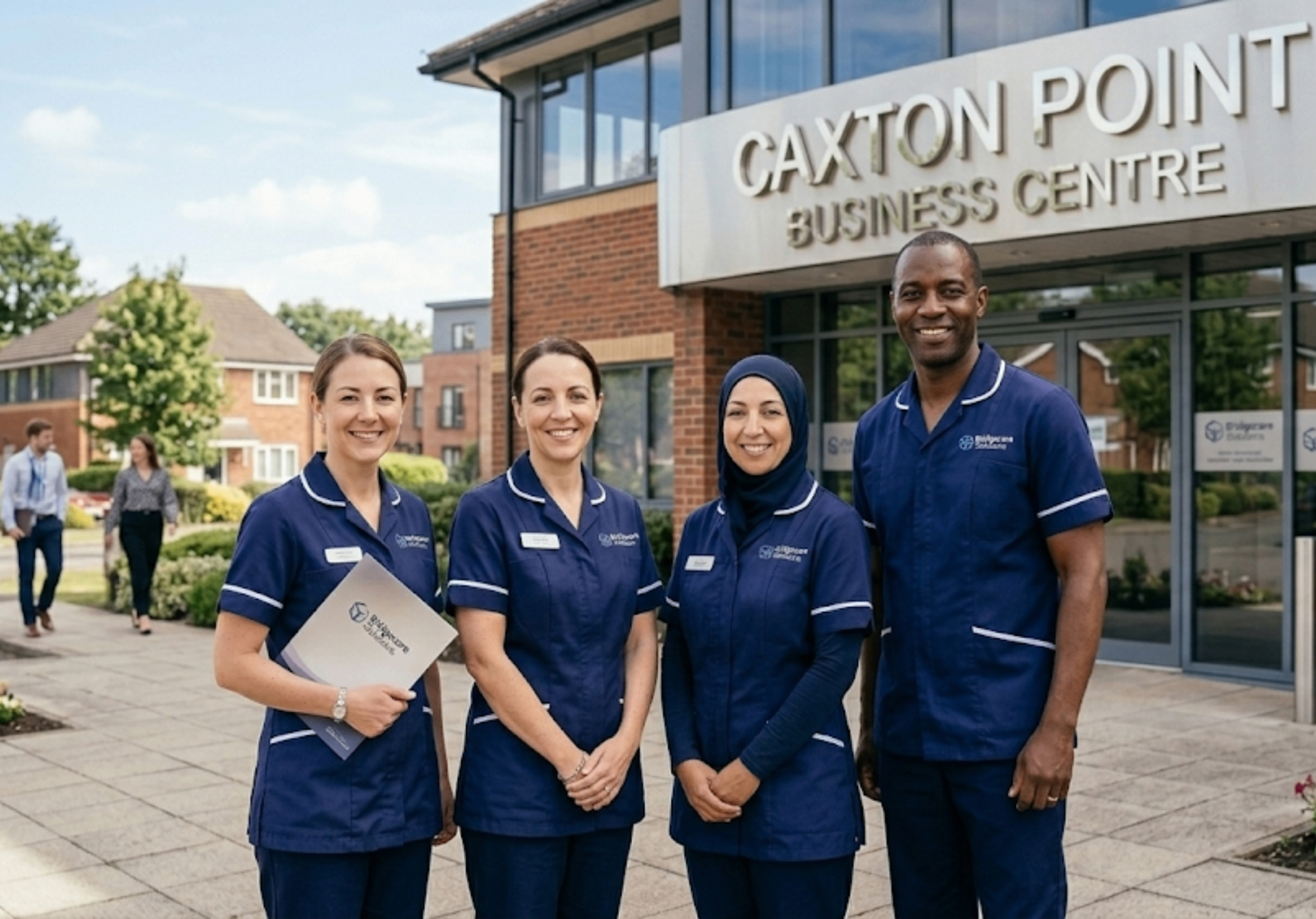 Bridgecare Solutions home care team outside Stevenage office — CQC regulated domiciliary care agency in Hertfordshire