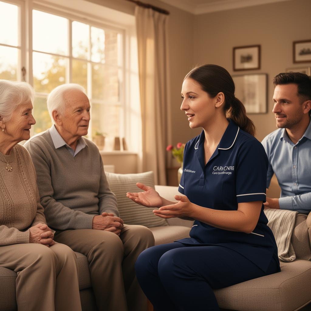 Bridgecare Solutions care coordinator in navy uniform explaining care options to elderly couple and adult son during free home assessment in Hertfordshire