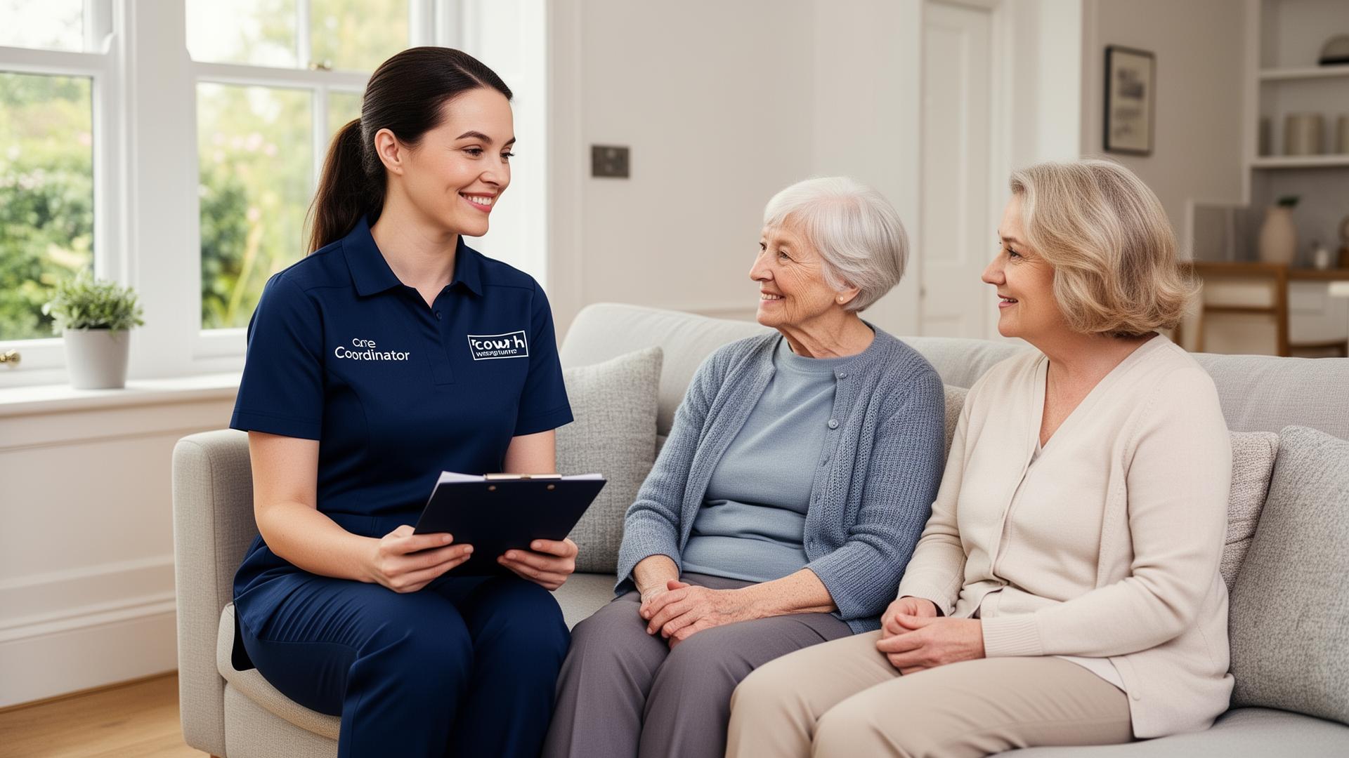 Bridgecare Solutions care coordinator in navy uniform conducting free home care assessment with elderly woman and family member in Hertfordshire