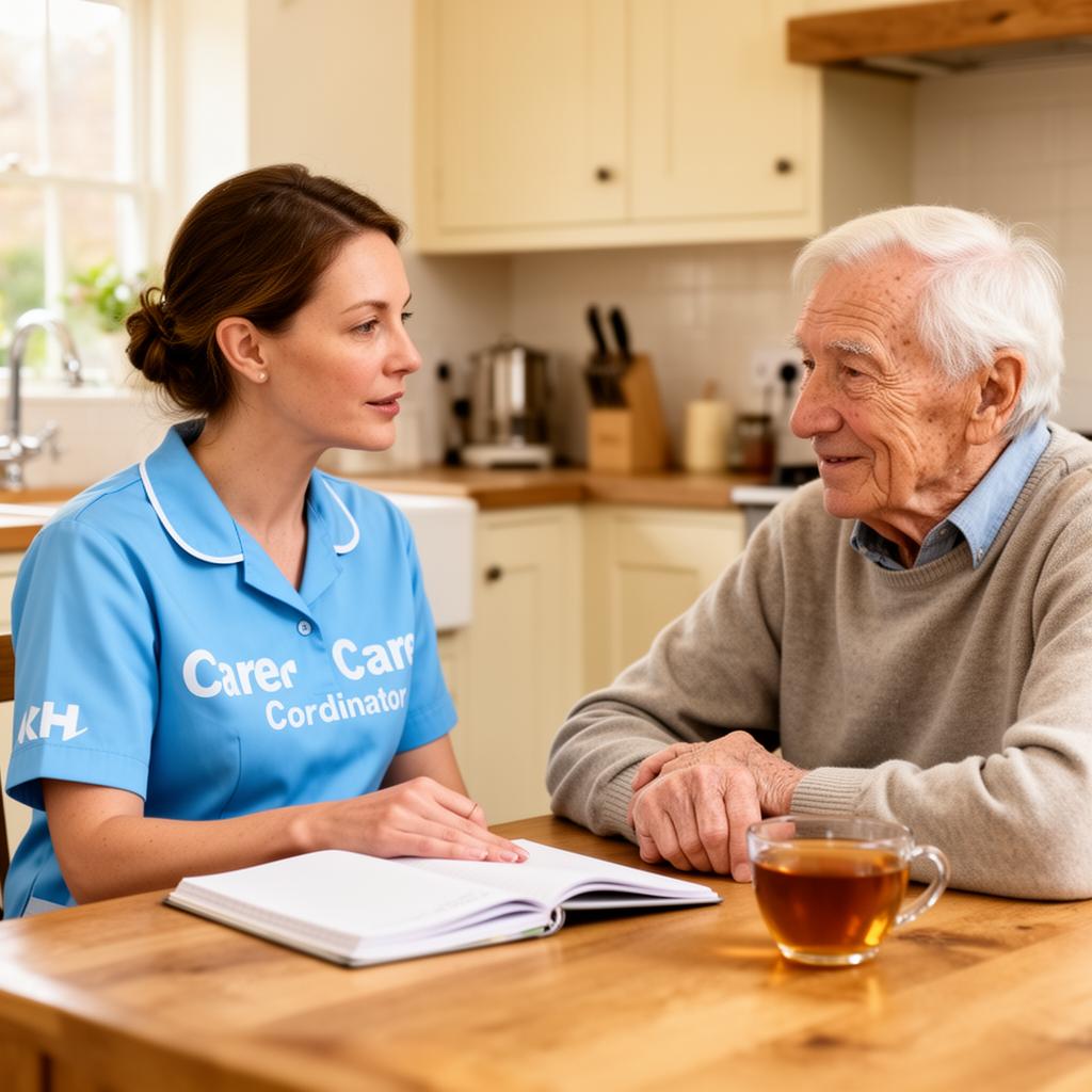 Bridgecare Solutions care coordinator in sky blue uniform conducting friendly free care assessment at kitchen table with elderly man in Hertfordshire