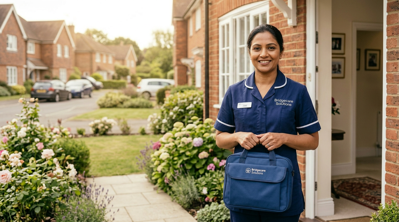 Bridgecare Solutions carer standing confidently at client home in Hertfordshire — home care jobs available now