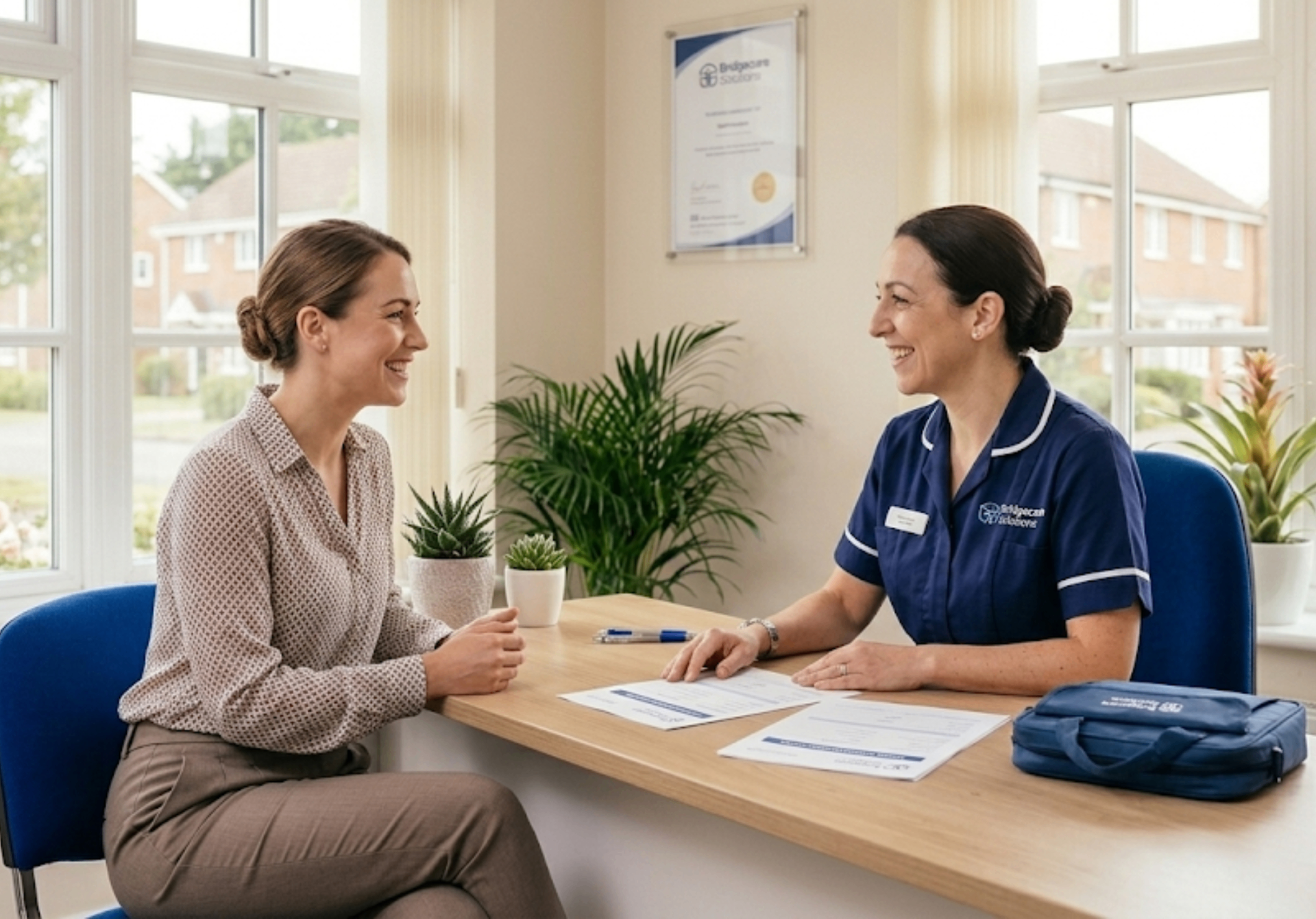 Bridgecare Solutions care manager conducting a friendly interview with a care job applicant at Stevenage office