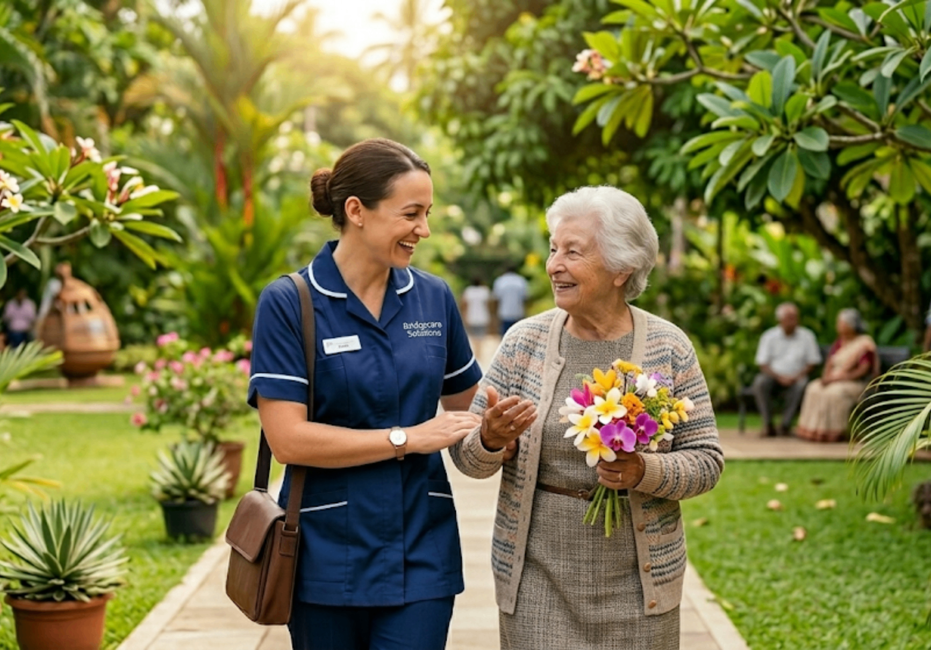 Bridgecare Solutions companion carer in sky blue uniform walking and talking with happy elderly woman in sunny Hertfordshire park