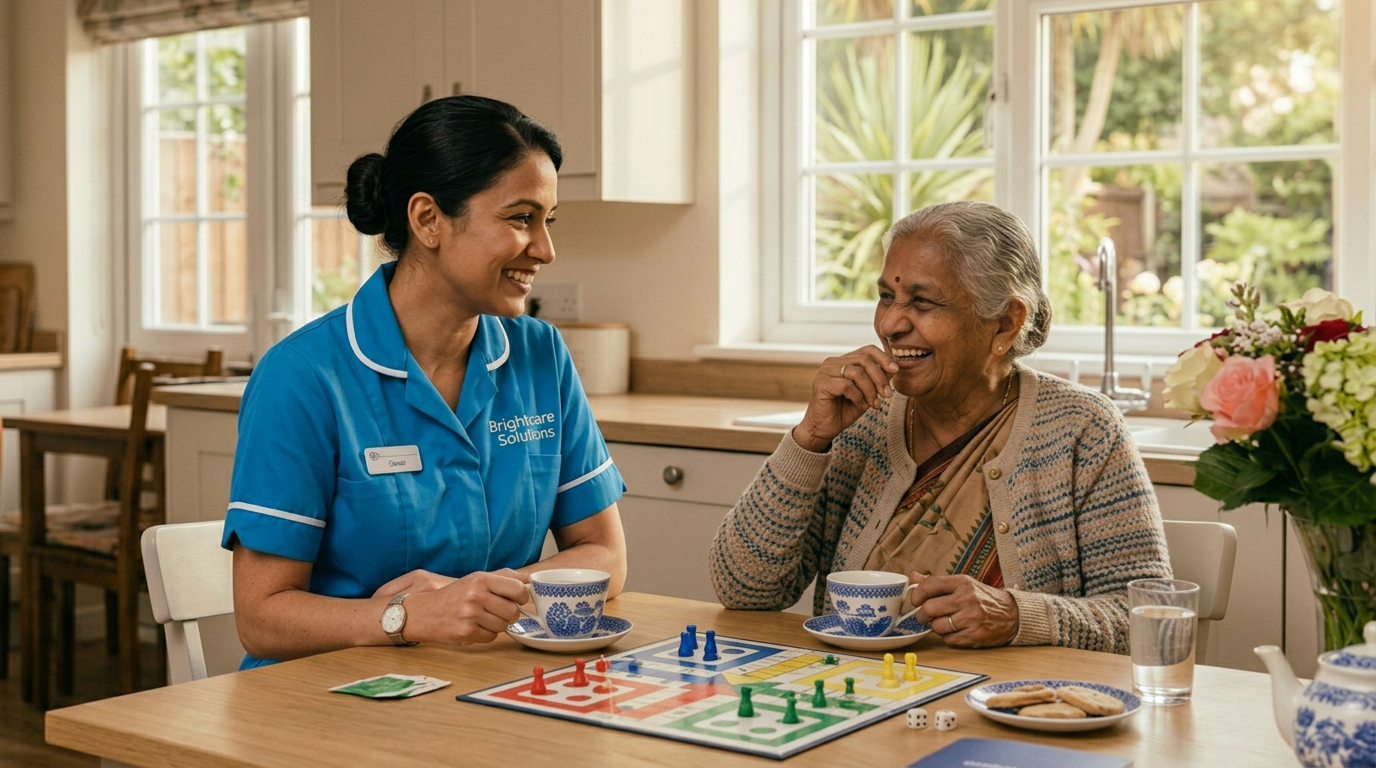 Bridgecare Solutions companion carer in sky blue uniform sharing tea and laughter with elderly woman at kitchen table in Hertfordshire