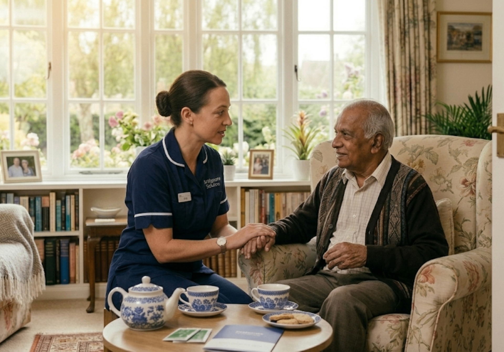 Bridgecare Solutions companion carer in navy uniform in friendly conversation with elderly gentleman in Hertfordshire living room