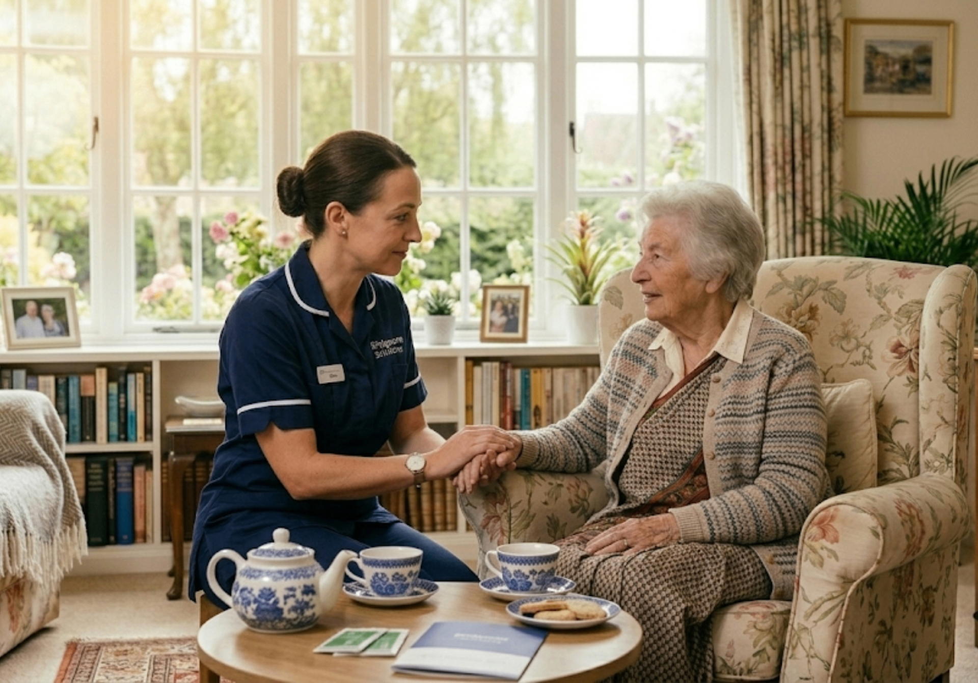 Bridgecare Solutions dementia care specialist in navy uniform listening attentively to elderly female client at home in Hertfordshire