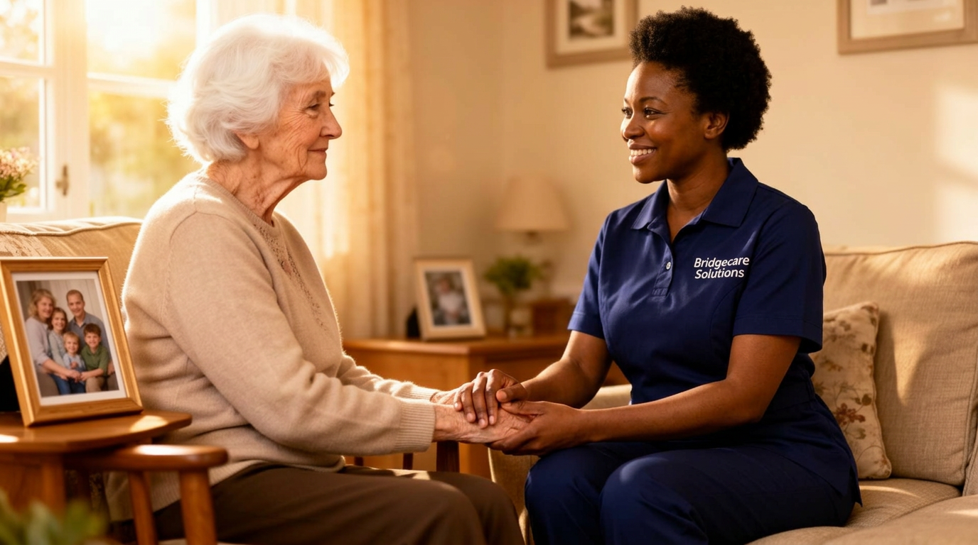 Bridgecare Solutions specialist dementia carer in navy uniform providing compassionate support to elderly woman at home in Hertfordshire
