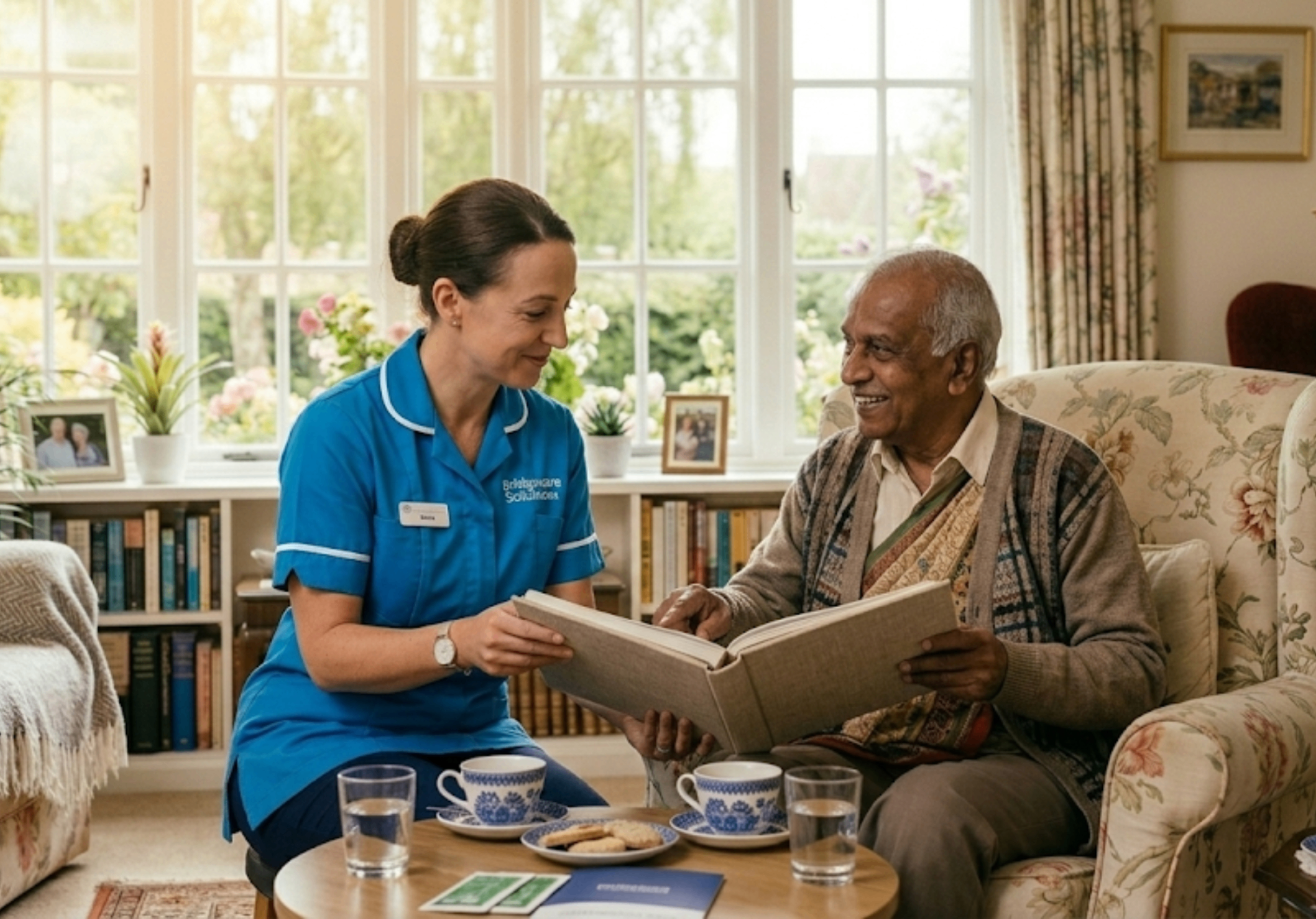 Bridgecare Solutions dementia care worker in sky blue uniform engaging elderly man with memory activity at home