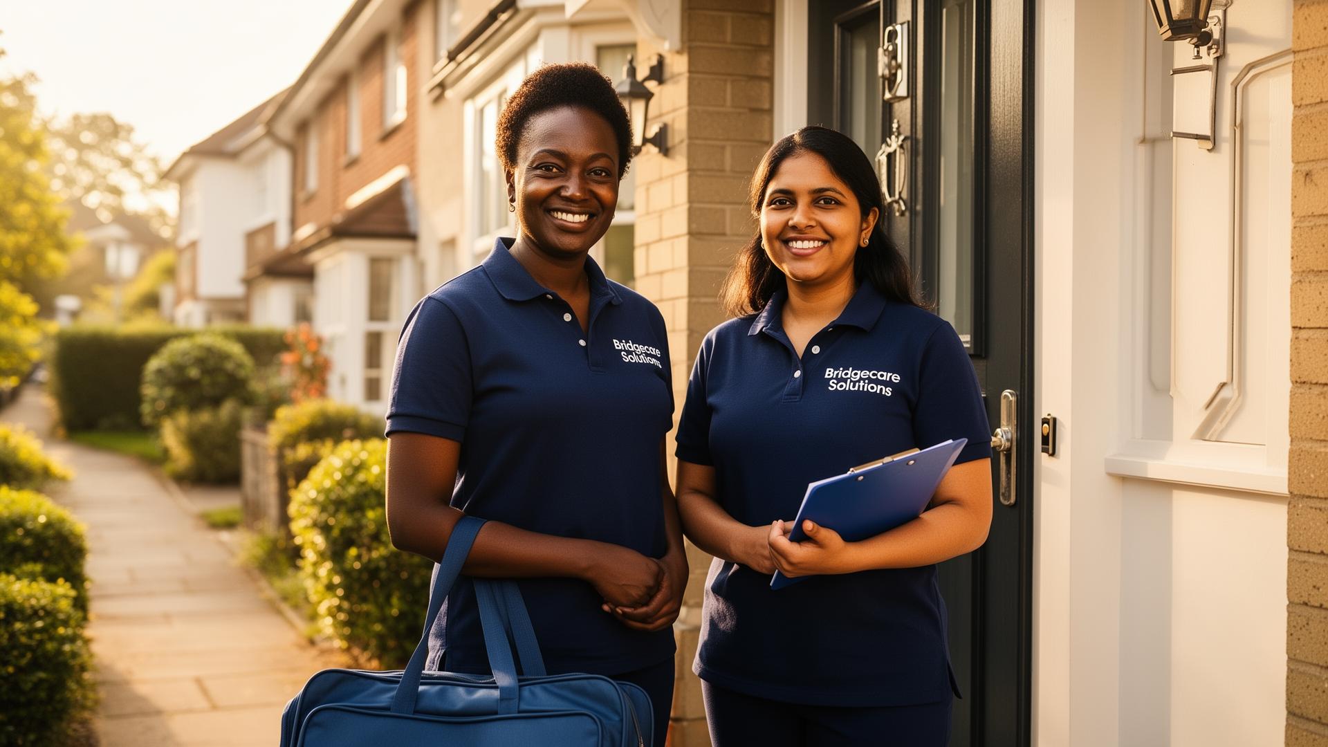 Bridgecare Solutions diverse carers in navy uniforms at doorstep in Hertfordshire and Portsmouth