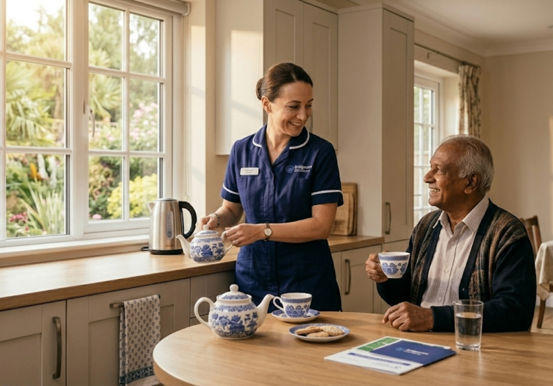 Bridgecare Solutions live-in carer in navy uniform preparing tea with elderly man in Hertfordshire home kitchen