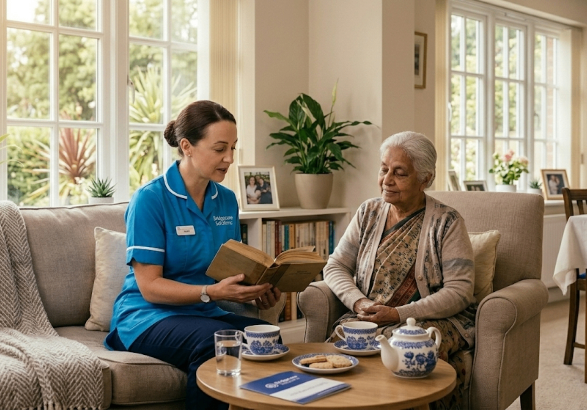 Bridgecare Solutions live-in carer in sky blue uniform reading with elderly female client in cosy Hertfordshire living room
