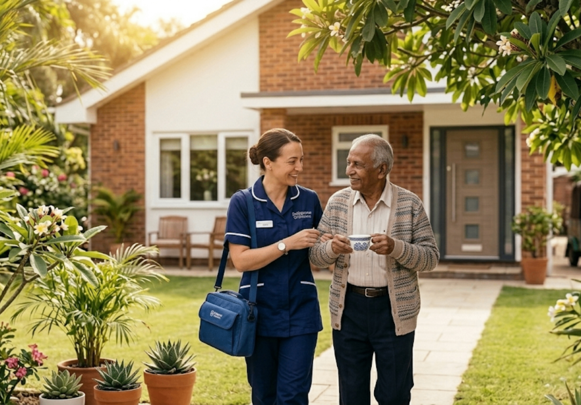 Bridgecare Solutions live-in carer in navy uniform walking with elderly male client in Hertfordshire garden