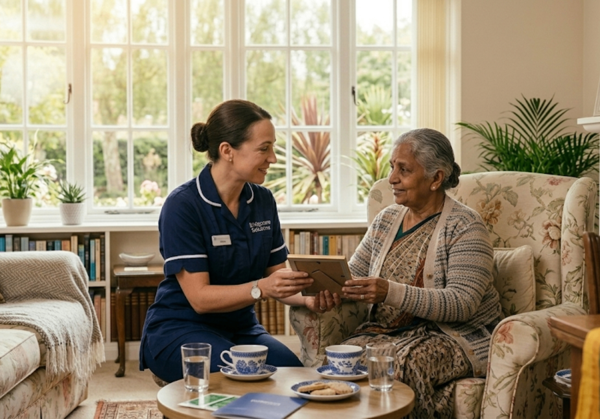 Bridgecare Solutions respite carer in navy uniform providing attentive companionship to elderly woman in Hertfordshire home