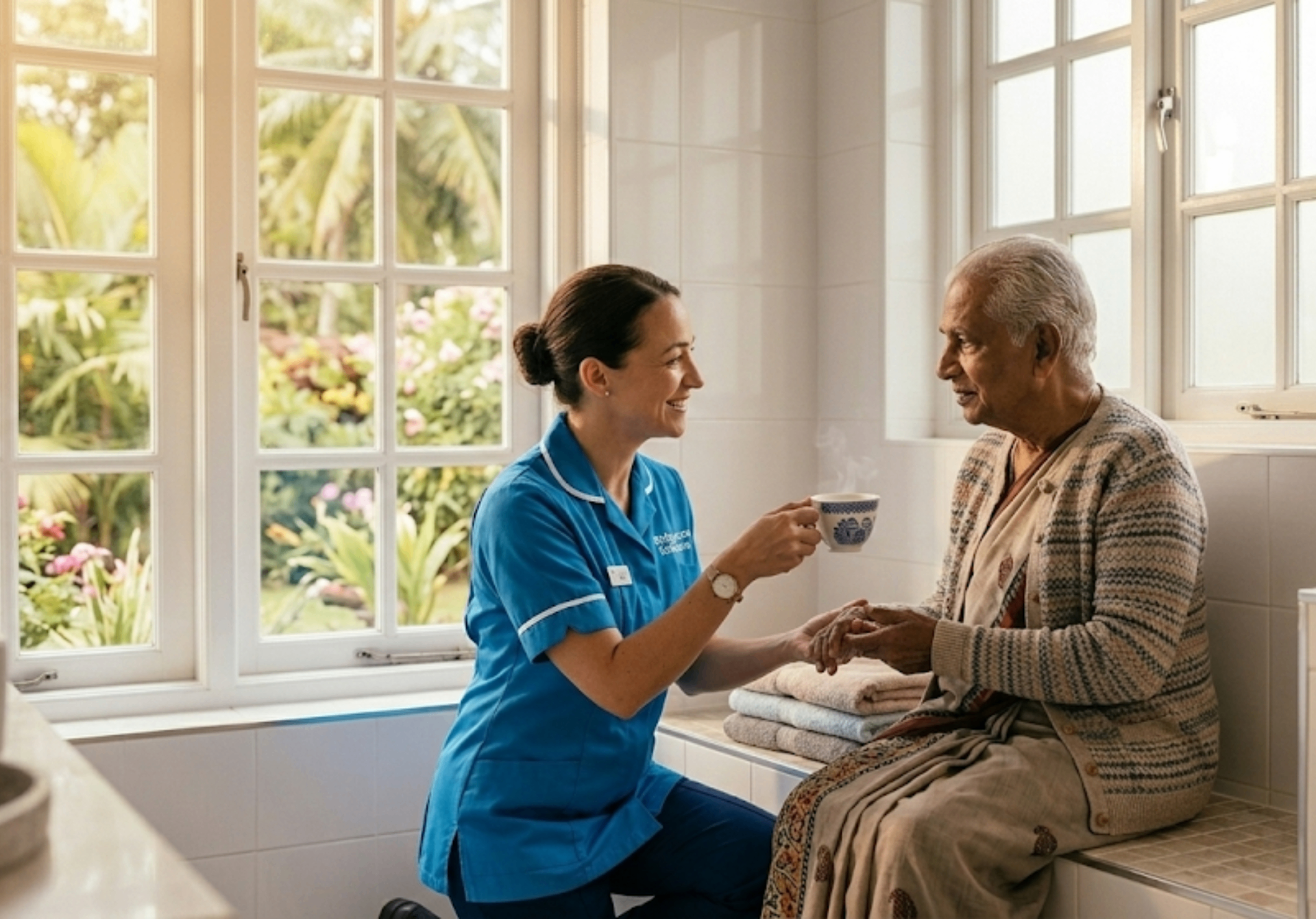 Bridgecare Solutions respite carer in sky blue uniform assisting elderly man with morning routine in Hertfordshire home