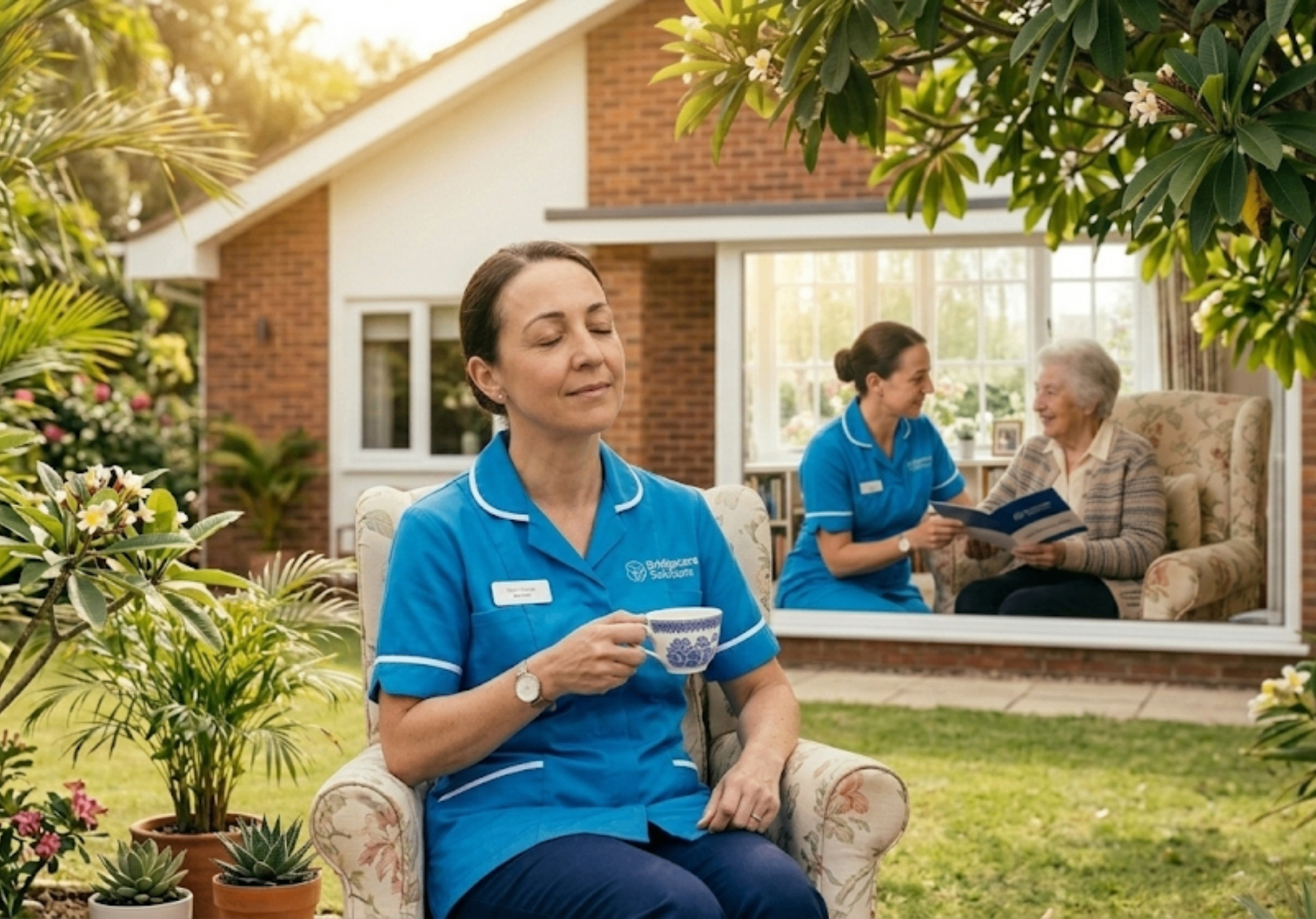 Family carer resting in Hertfordshire garden while Bridgecare Solutions carer provides professional respite care indoors