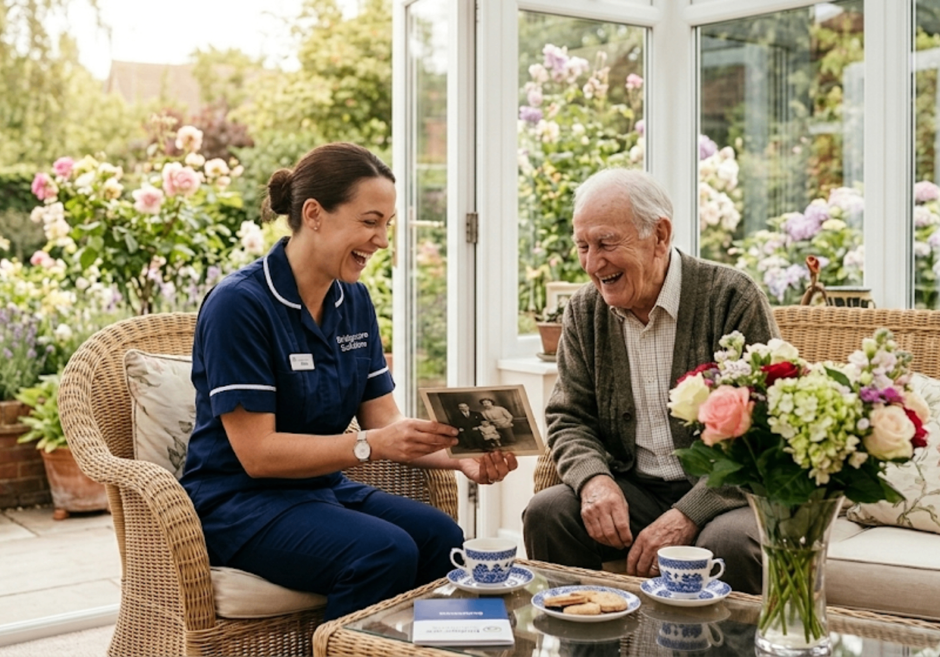 Bridgecare Solutions carer sharing a joyful moment with elderly client at home in Hertfordshire and Portsmouth